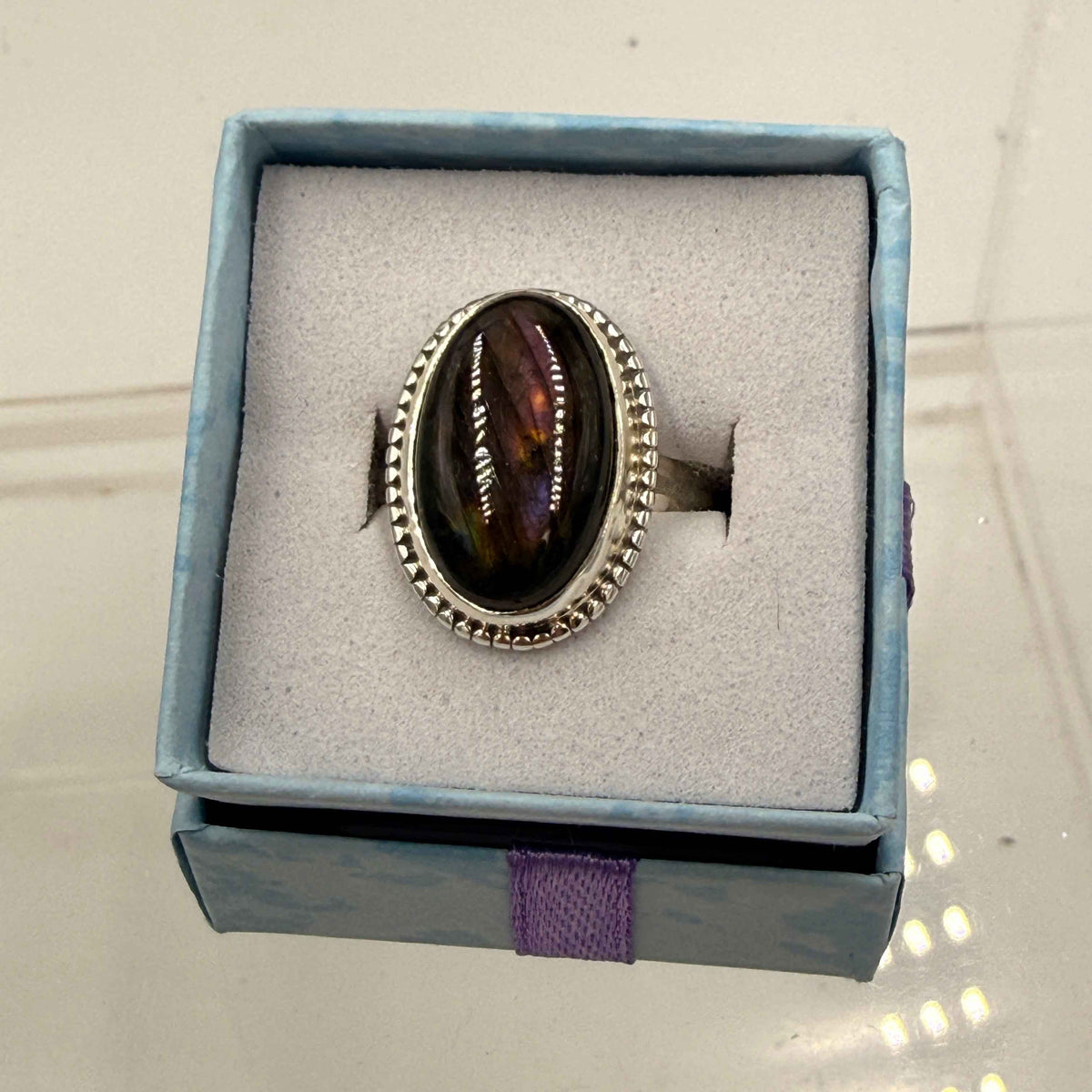 Sterling Silver Bezeled Oval Spectrolite Ring - Size 8 -Intuition, Protection & Illumination by Sacred Crystals