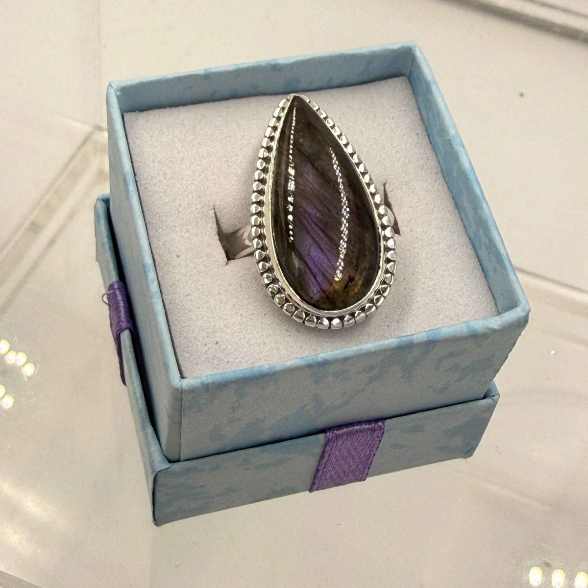 Sterling Silver Bezeled Teardrop Spectrolite Ring - Size 8 -Intuition, Protection & Illumination by Sacred Crystals