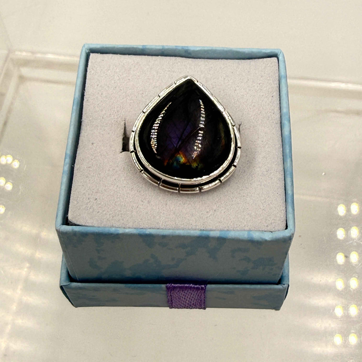 Sterling Silver Lined Teardrop Spectrolite Ring - Size 9 -Intuition, Protection & Illumination by Sacred Crystals