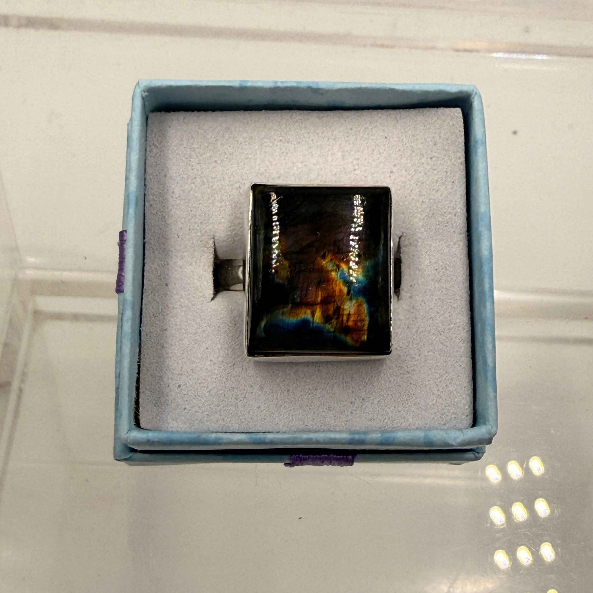 Sterling Silver Square Spectrolite Ring - Size 9 -Intuition, Protection & Illumination by Sacred Crystals