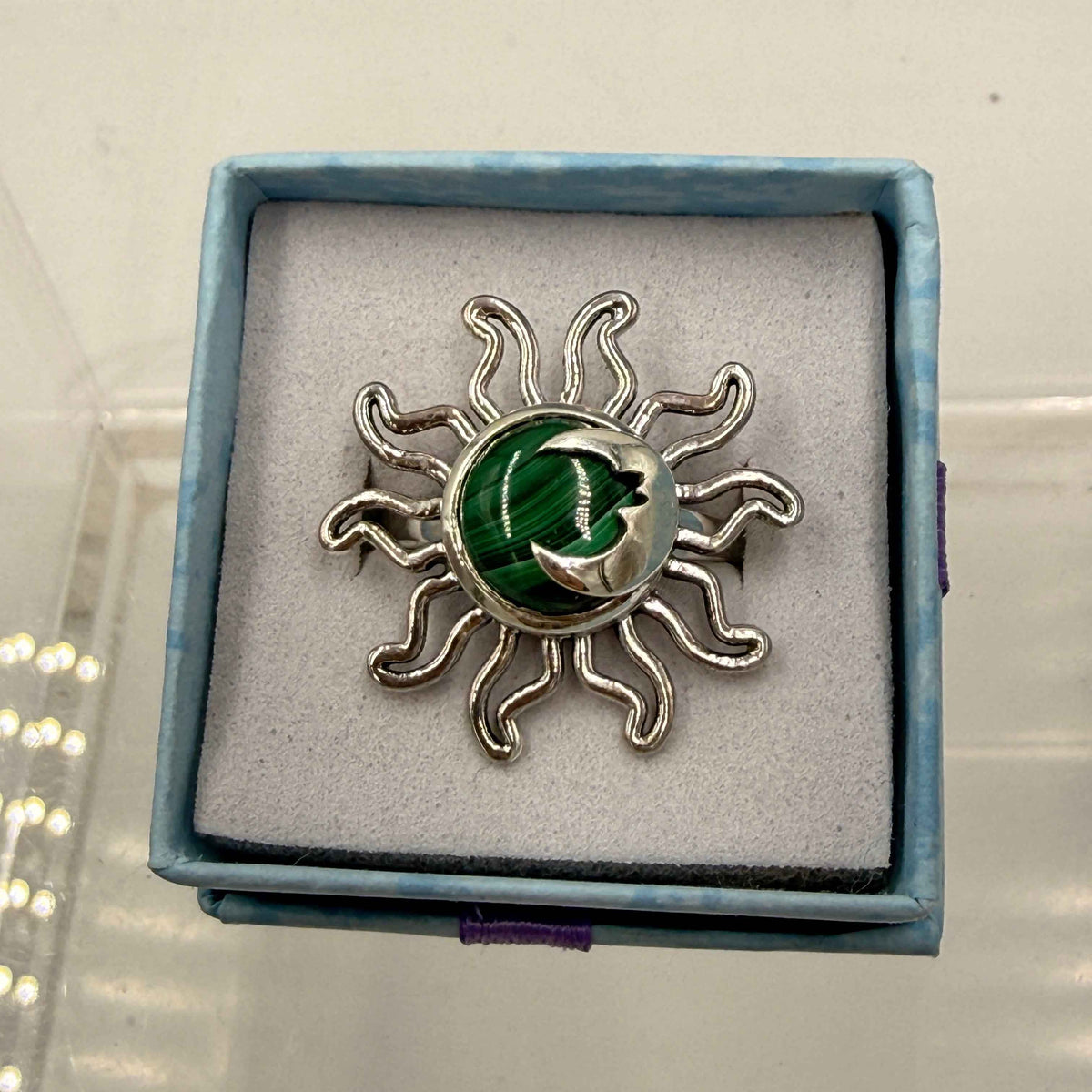 Sterling Silver Sun & Moon Malachite Ring - Size 9 -Transformative, Protective & Empowering by Sacred Crystals