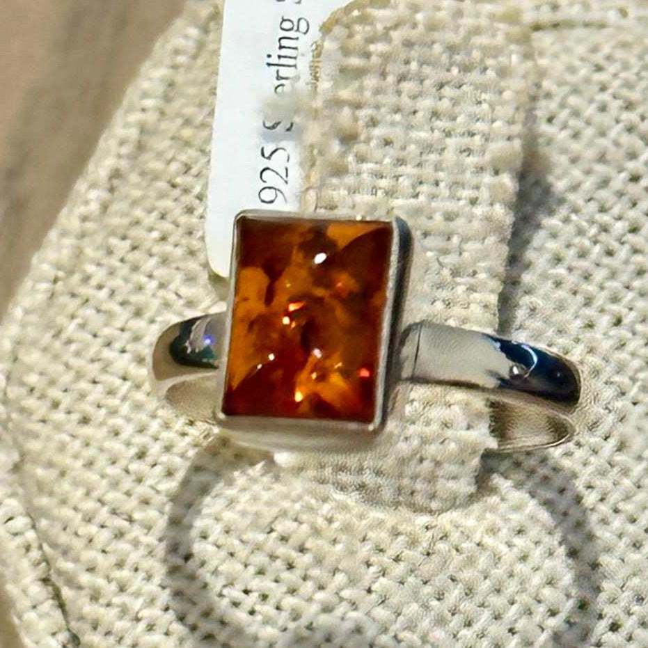 Natural Amber Rectangle-Cut Minimalist Ring – Sterling Silver – Sizes 6, 7, 8, 9 by Sacred Crystals