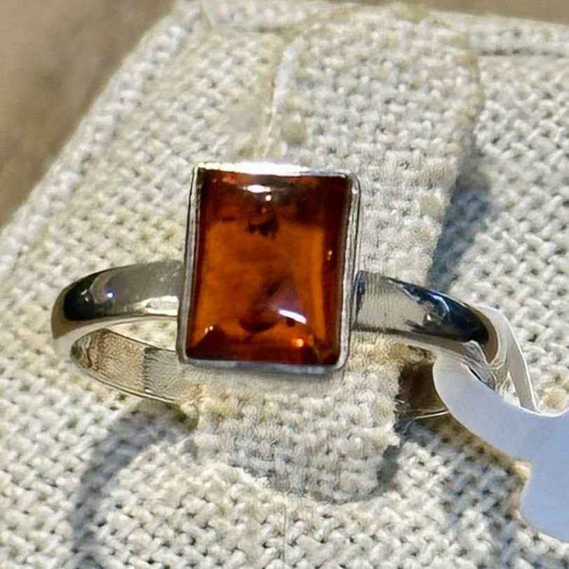 Natural Amber Rectangle-Cut Minimalist Ring – Sterling Silver – Sizes 6, 7, 8, 9 by Sacred Crystals