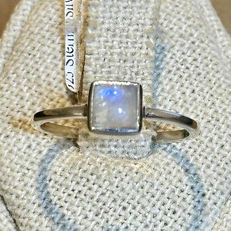 Rainbow Moonstone Square-Bezel Ring – Sterling Silver – Size 8 & 9 by Sacred Crystals