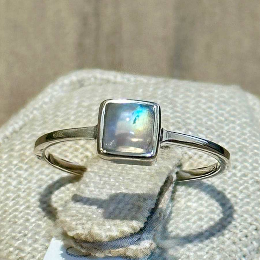 Rainbow Moonstone Square-Bezel Ring – Sterling Silver – Size 8 & 9 by Sacred Crystals