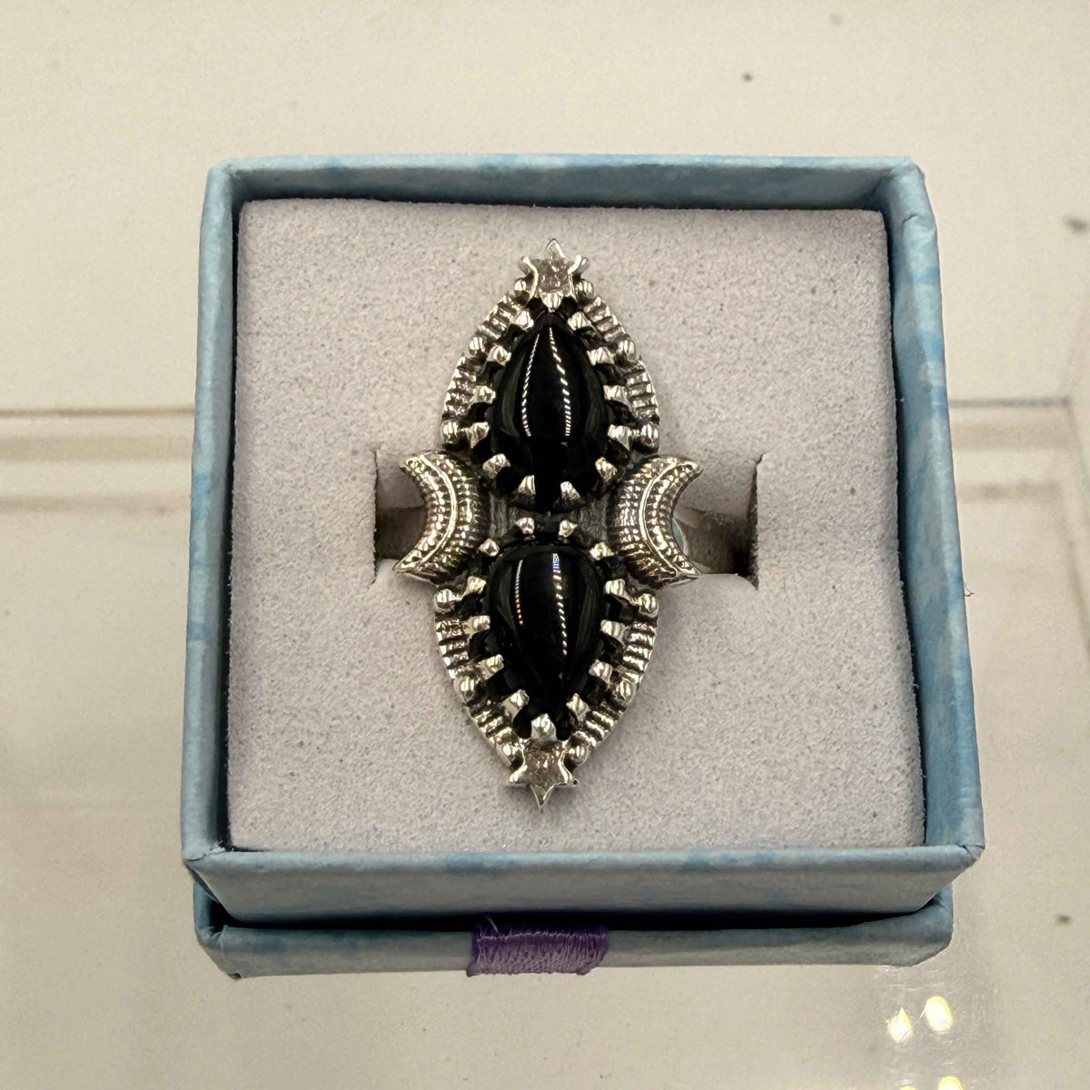Sterling Silver Double Teardrop Celestial Black Onyx Ring - Size 9 - Protective, Grounding & Stabilizing by Sacred Crystals