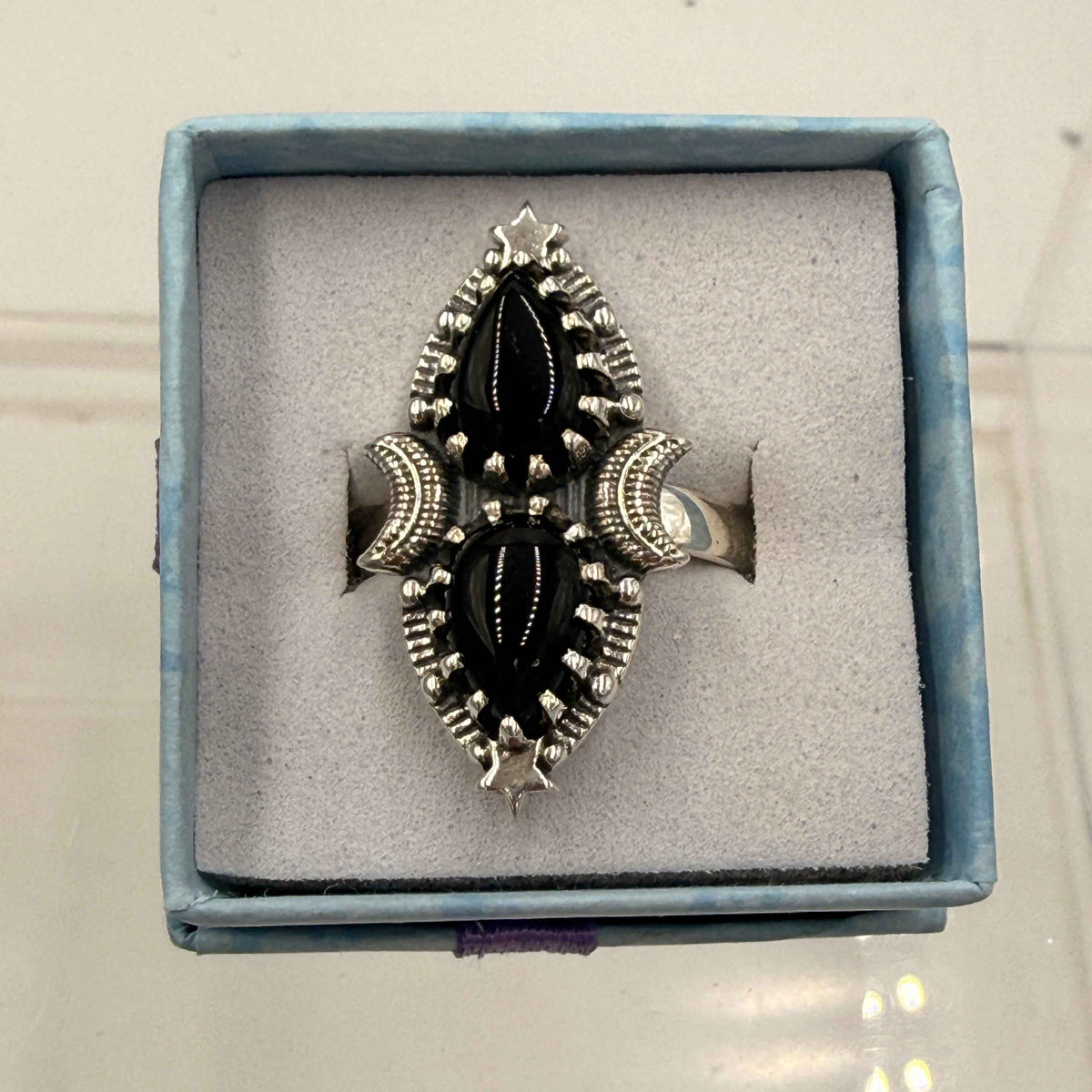 Sterling Silver Double Teardrop Celestial Black Onyx Ring - Size 9 - Protective, Grounding & Stabilizing by Sacred Crystals
