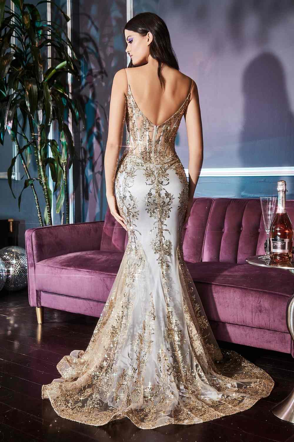 Cinderella Divine J810 Long Fitted Mermaid Gown Metallic Embroidered Lace by DiscountDressShop