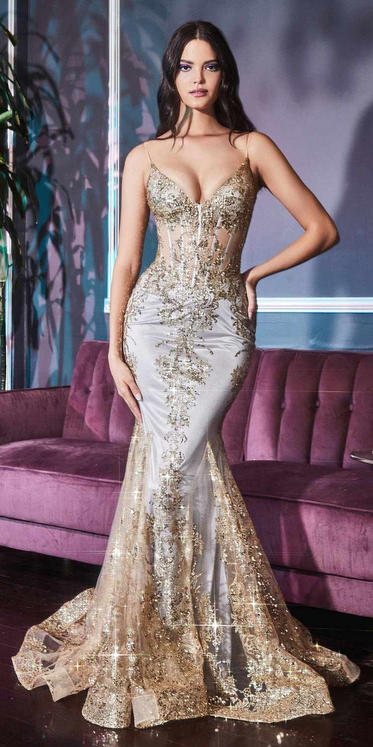 Cinderella Divine J810 Long Fitted Mermaid Gown Metallic Embroidered Lace by DiscountDressShop