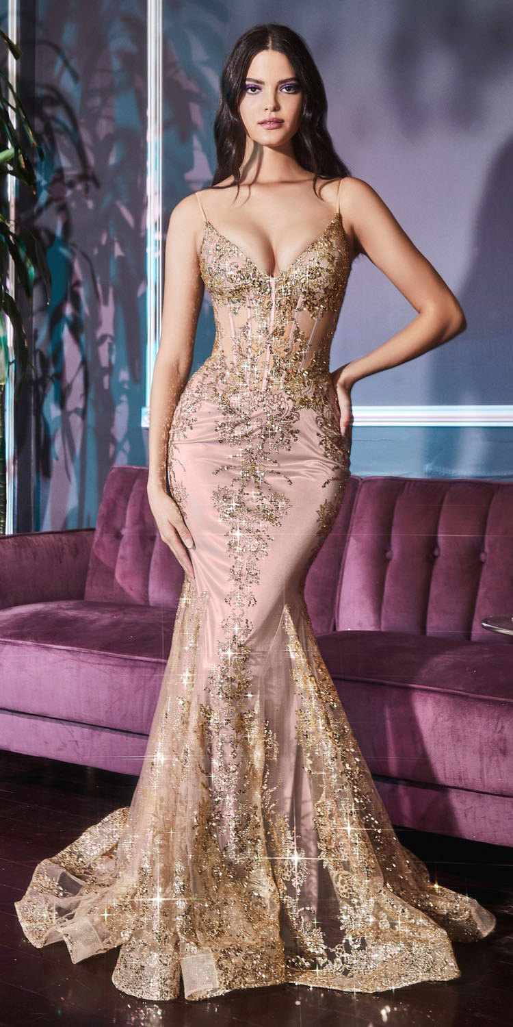 Cinderella Divine J810 Long Fitted Mermaid Gown Metallic Embroidered Lace by DiscountDressShop