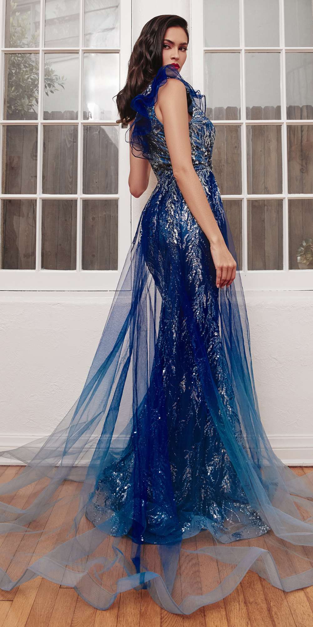 Ladivine J851 Floor Length One Shoulder Gown with Over Skirt by DiscountDressShop