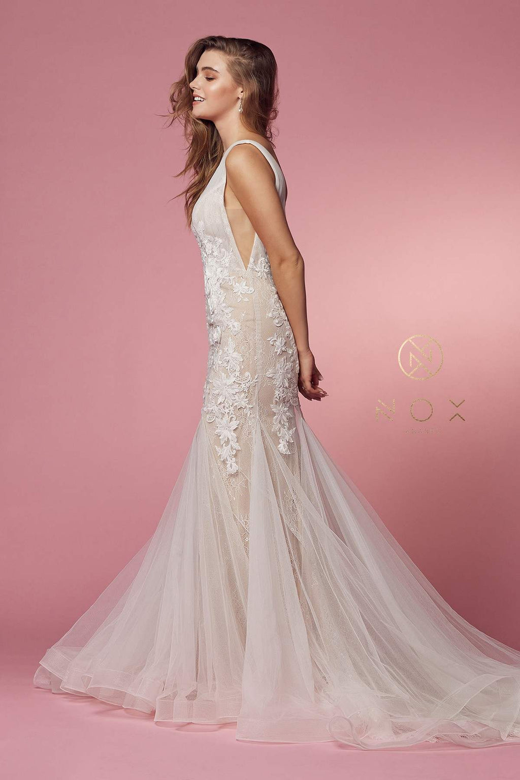 Nox Anabel JE917 V-Neck Mermaid Dress Lace and Tulle Skirt by DiscountDressShop