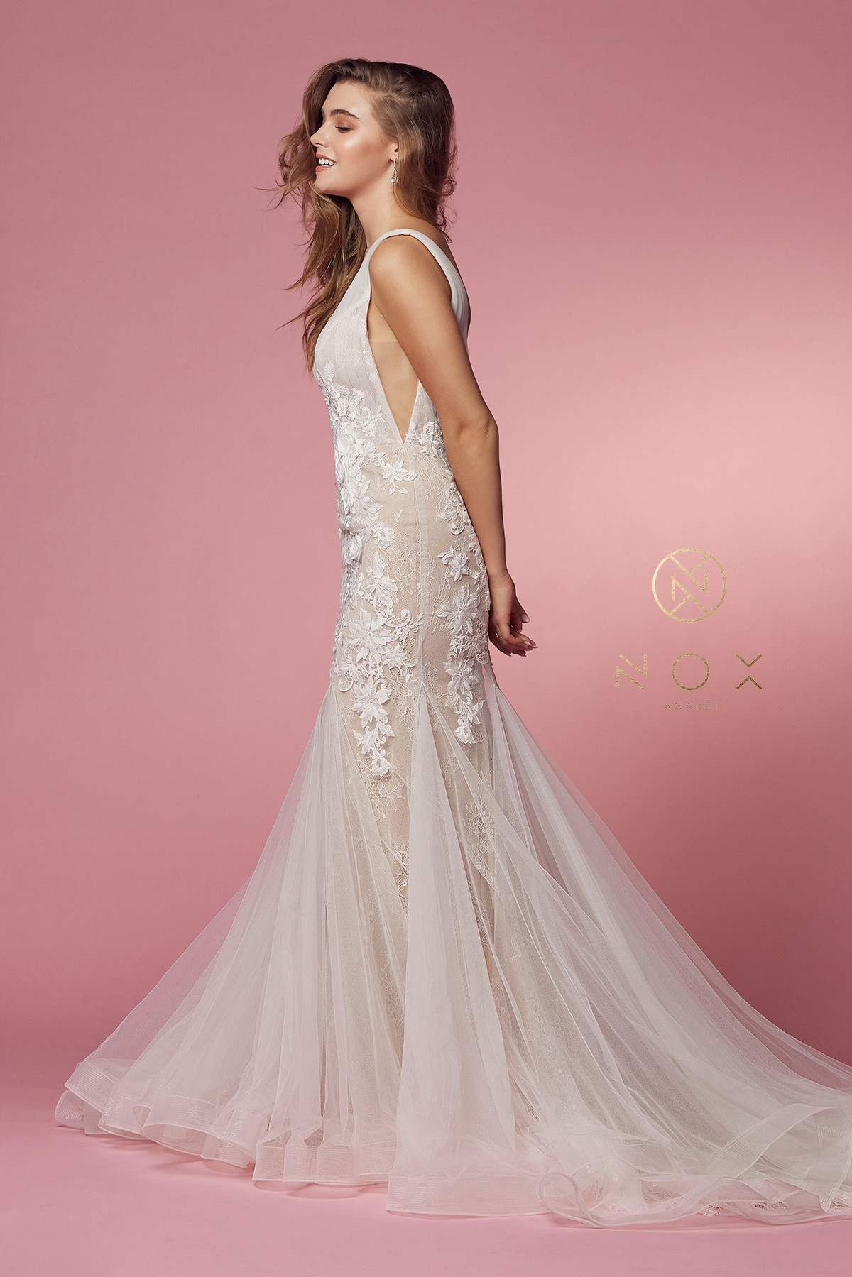 Nox Anabel JE917 V-Neck Mermaid Dress Lace and Tulle Skirt by DiscountDressShop