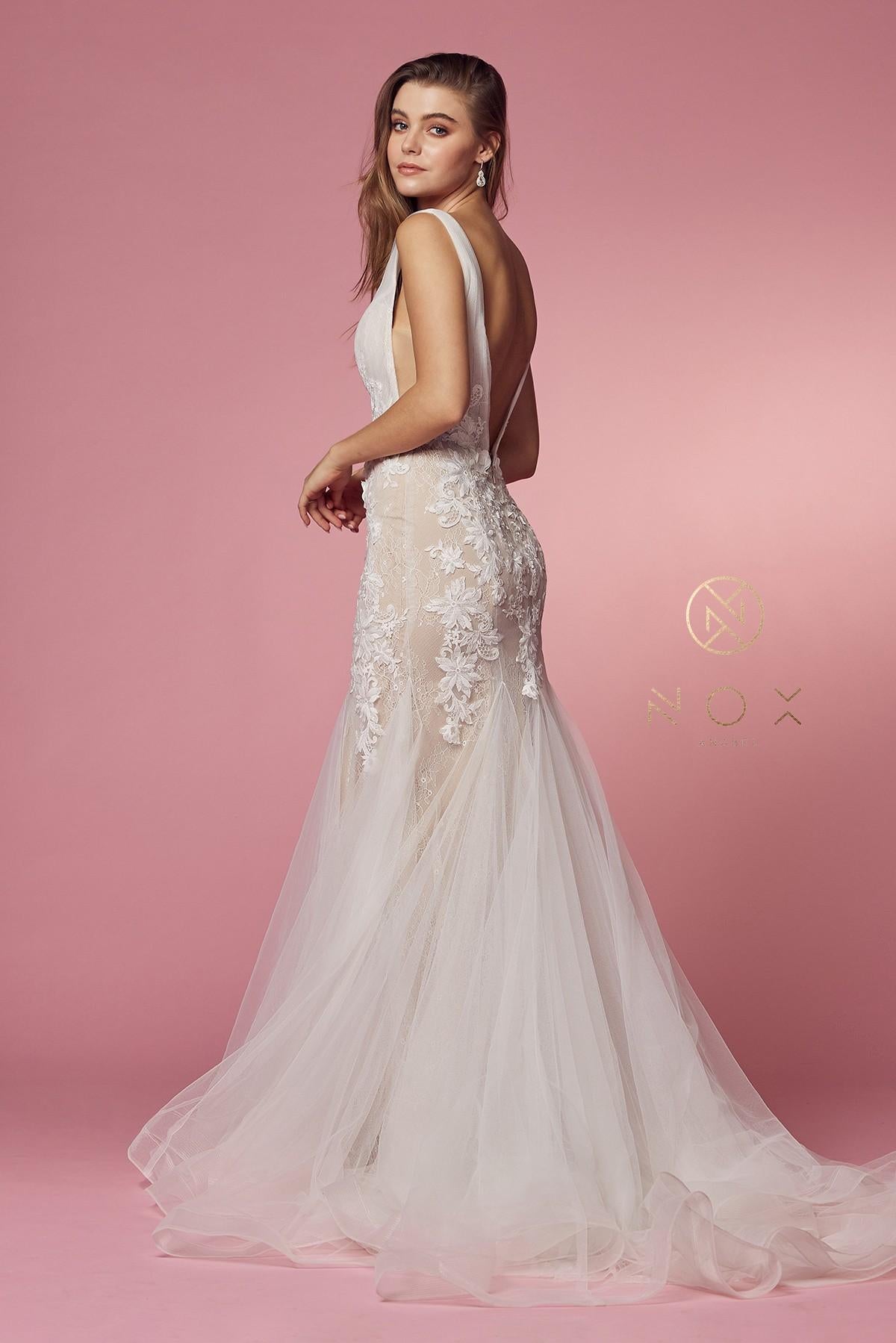 Nox Anabel JE917 V-Neck Mermaid Dress Lace and Tulle Skirt by DiscountDressShop