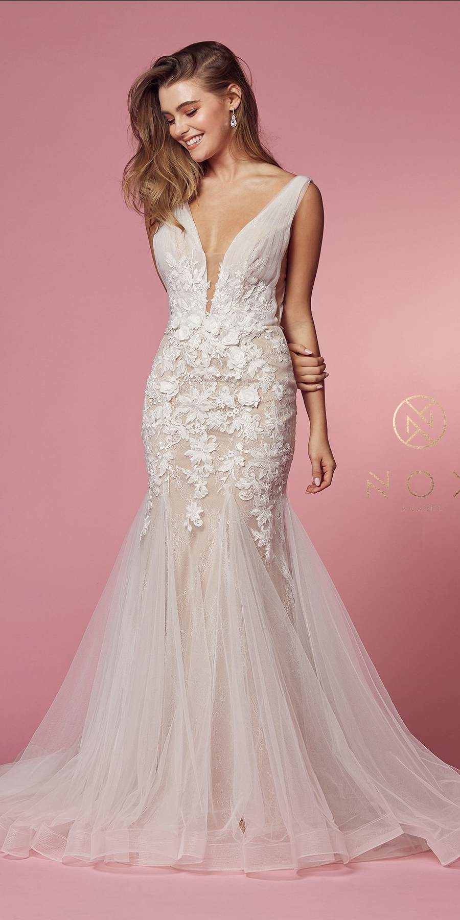 Nox Anabel JE917 V-Neck Mermaid Dress Lace and Tulle Skirt by DiscountDressShop
