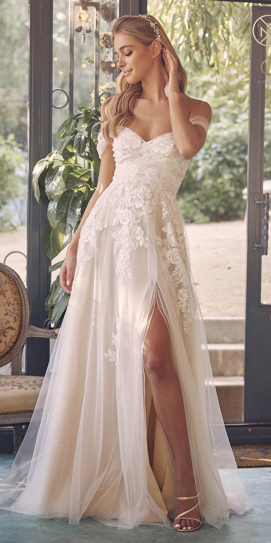 Nox Anabel JE953 Long Sweetheart Neck A-Line Gown Off Shoulder with Slit by DiscountDressShop
