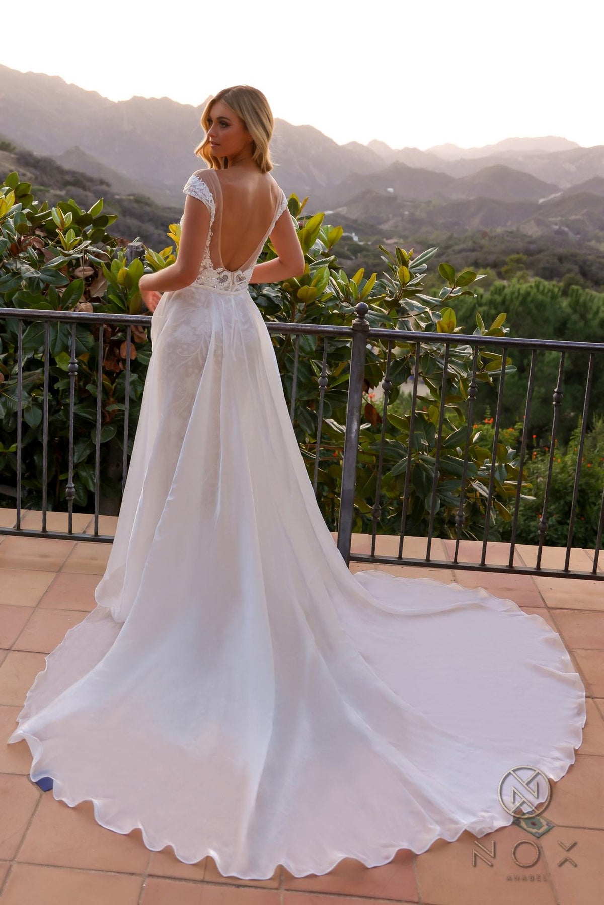 Nox Anabel JE995L Long Beaded Cap Sleeve Bridal Overskirt Gown by DiscountDressShop