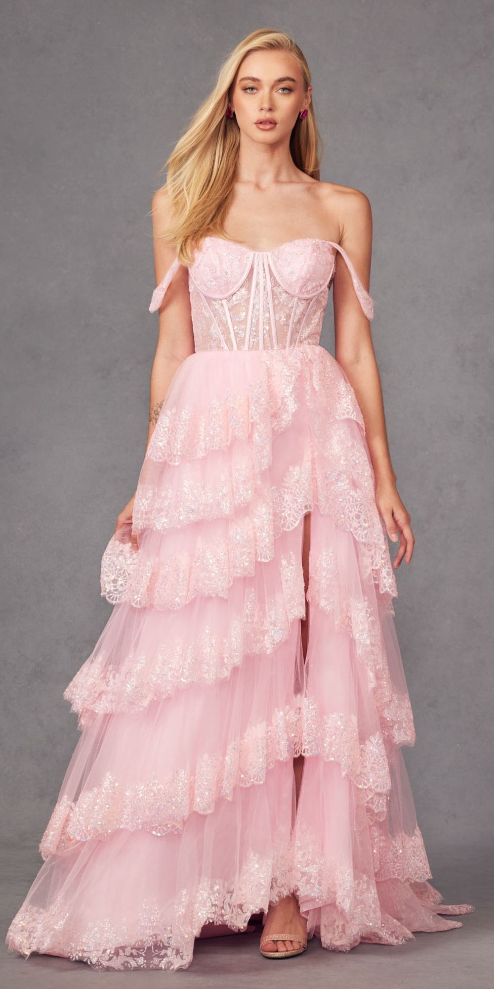 Juliet JT2467K Long Off the Shoulder Draped Sleeve A-Line Gown by DiscountDressShop