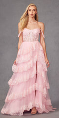 Juliet JT2467K Long Off the Shoulder Draped Sleeve A-Line Gown by DiscountDressShop