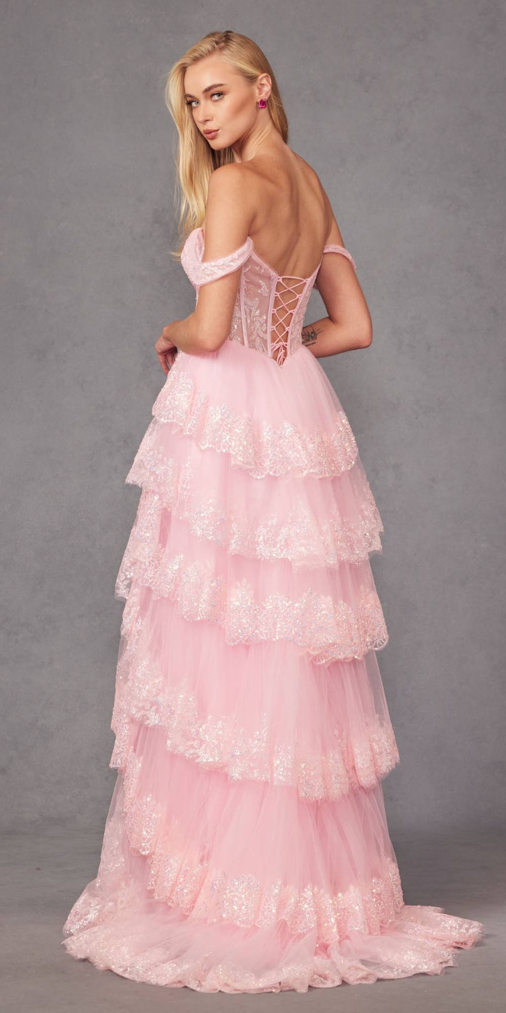 Juliet JT2467K Long Off the Shoulder Draped Sleeve A-Line Gown by DiscountDressShop