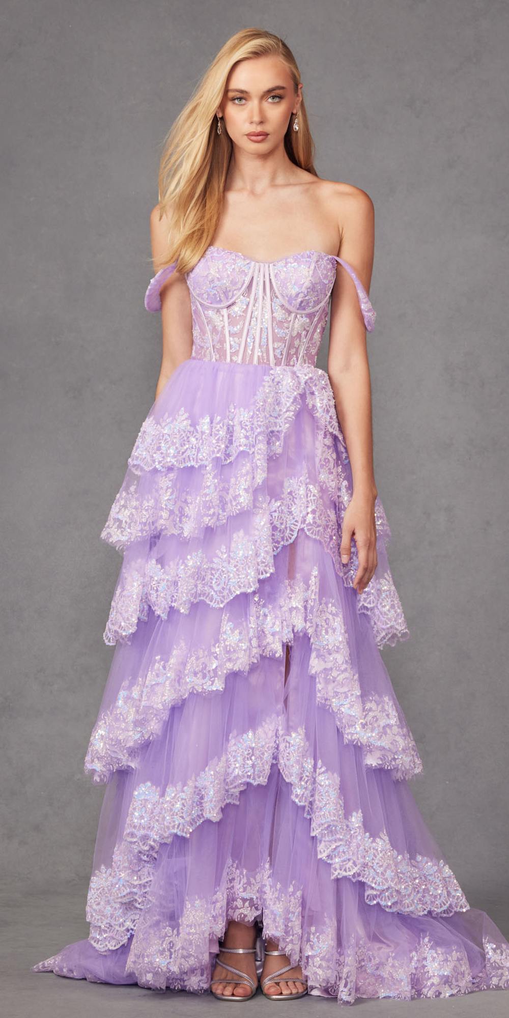 Juliet JT2467K Long Off the Shoulder Draped Sleeve A-Line Gown by DiscountDressShop