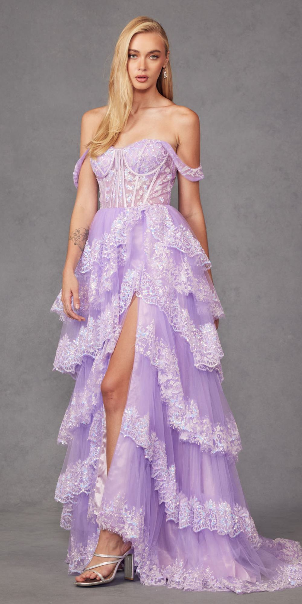 Juliet JT2467K Long Off the Shoulder Draped Sleeve A-Line Gown by DiscountDressShop