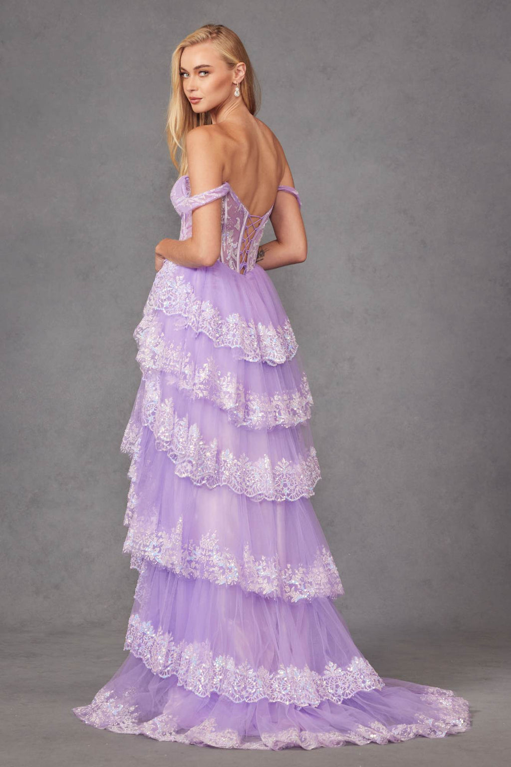 Juliet JT2467K Long Off the Shoulder Draped Sleeve A-Line Gown by DiscountDressShop