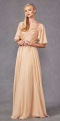 Juliet JTM14F Long A-Line Flutter Mid-Length Sleeve Evening Gown by DiscountDressShop