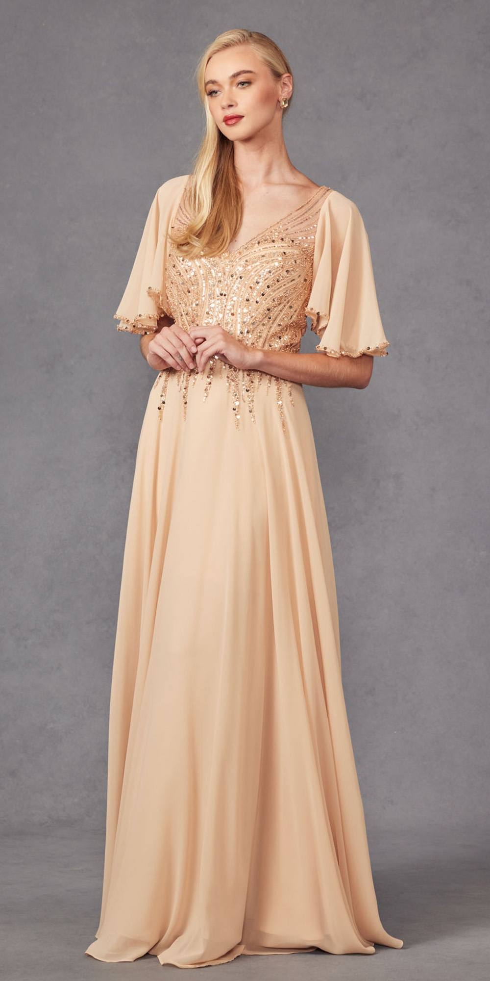 Juliet JTM14F Long A-Line Flutter Mid-Length Sleeve Evening Gown by DiscountDressShop