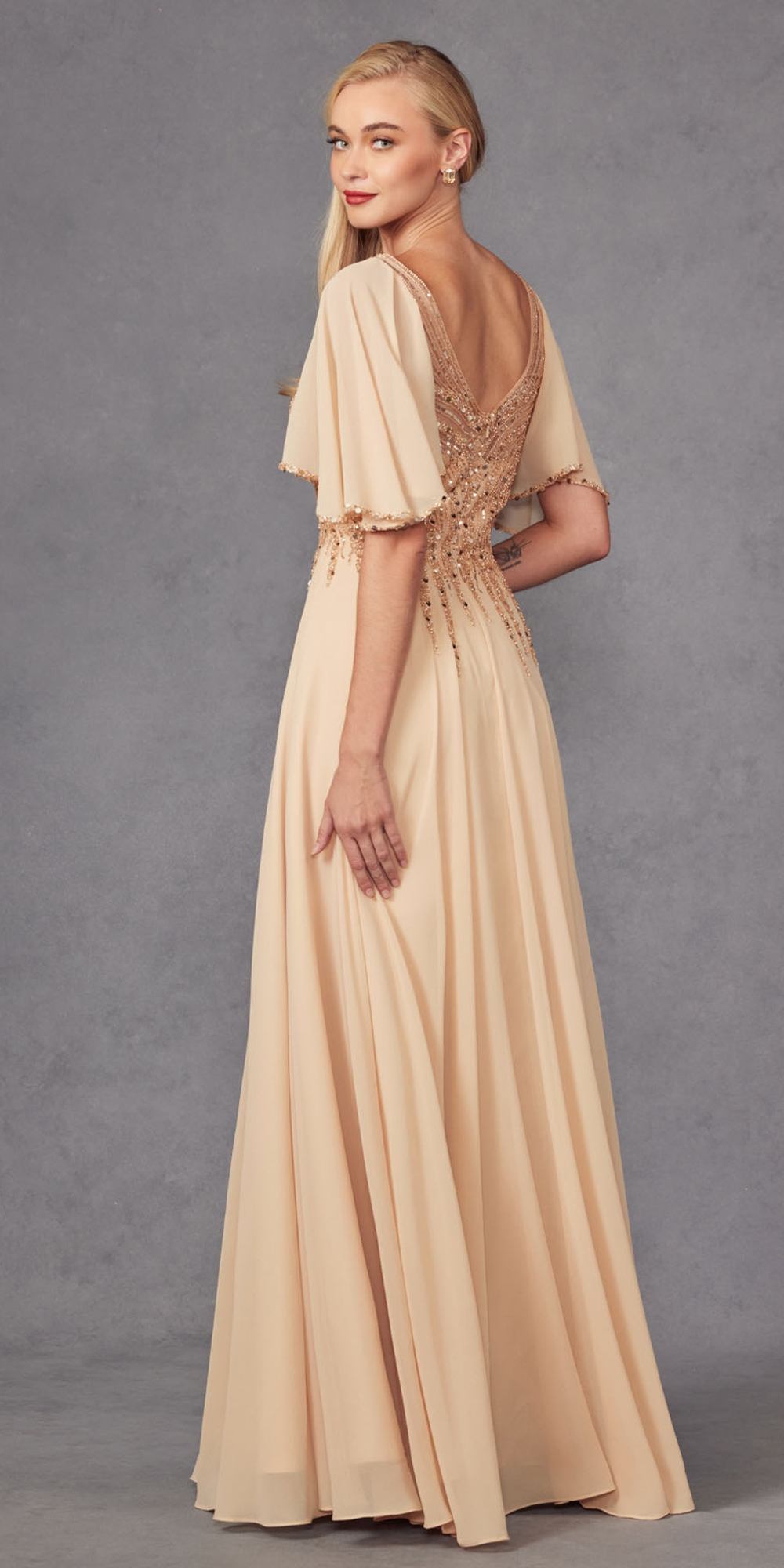 Juliet JTM14F Long A-Line Flutter Mid-Length Sleeve Evening Gown by DiscountDressShop