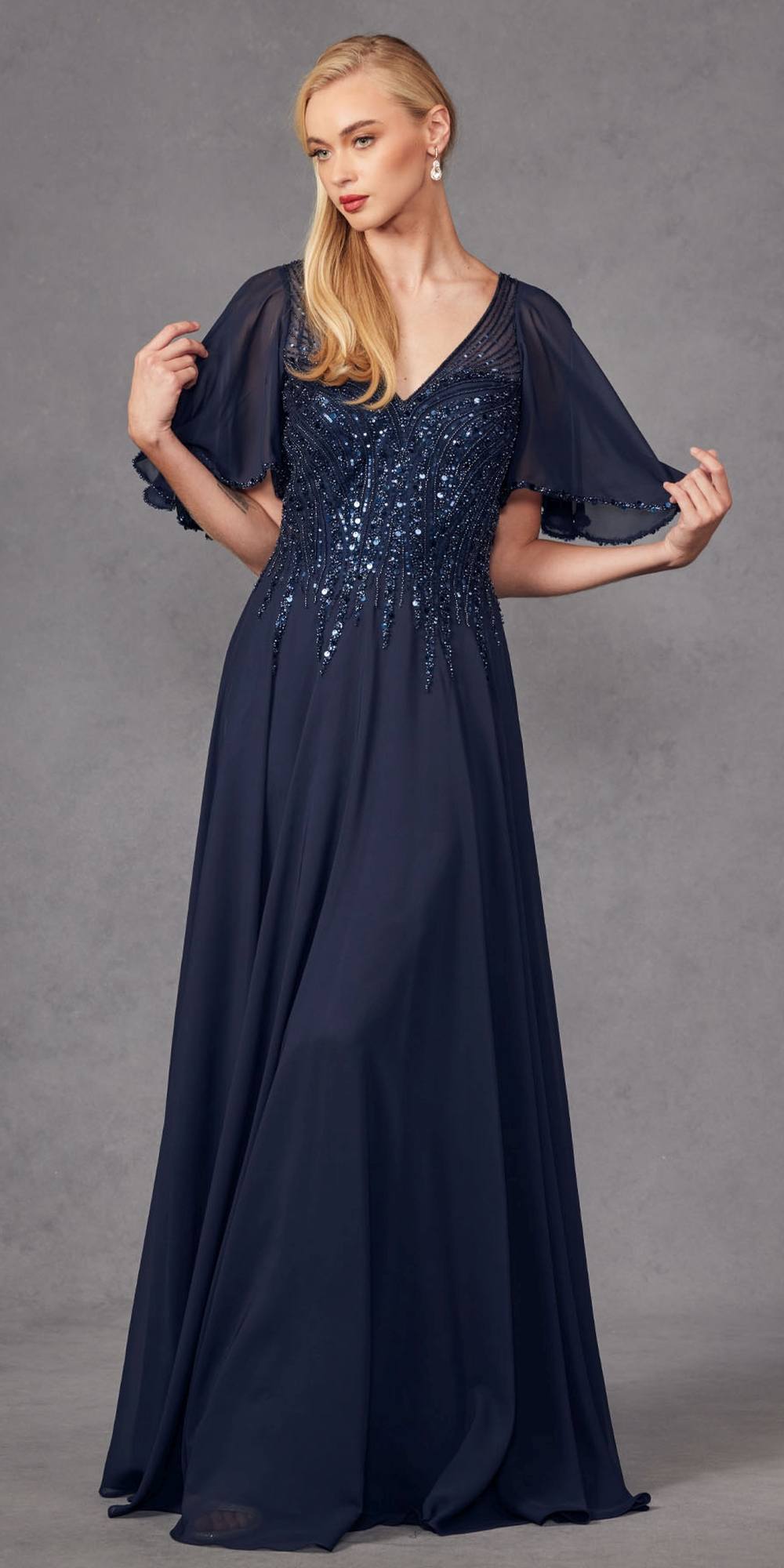 Juliet JTM14F Long A-Line Flutter Mid-Length Sleeve Evening Gown by DiscountDressShop