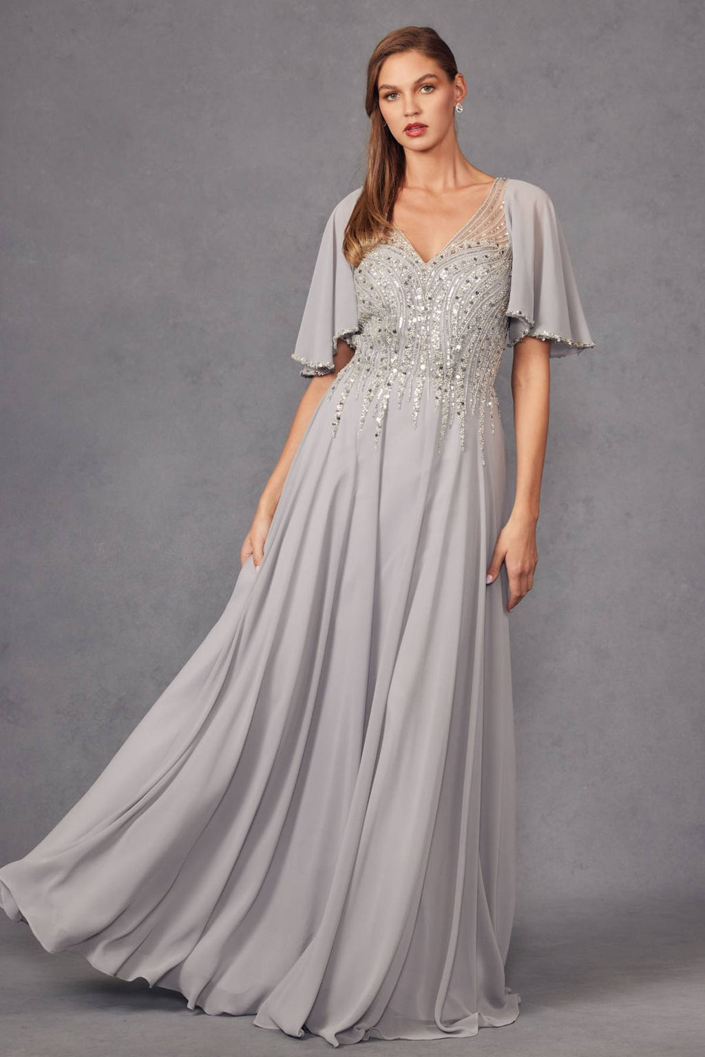 Juliet JTM14F Long A-Line Flutter Mid-Length Sleeve Evening Gown by DiscountDressShop