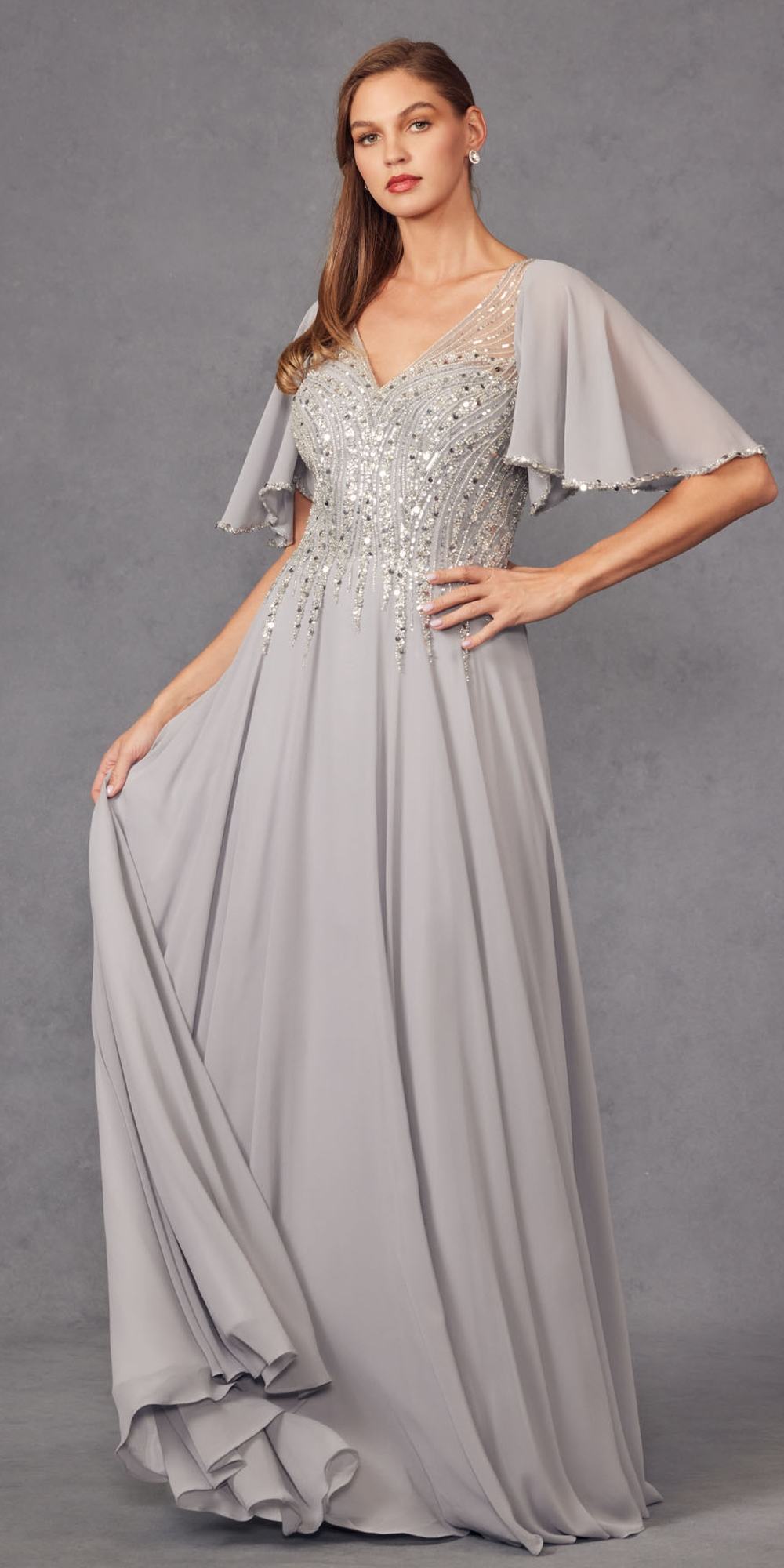 Juliet JTM14F Long A-Line Flutter Mid-Length Sleeve Evening Gown by DiscountDressShop