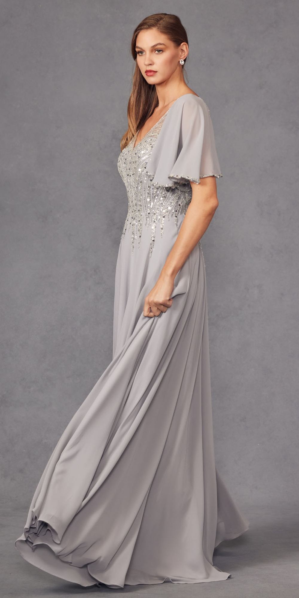 Juliet JTM14F Long A-Line Flutter Mid-Length Sleeve Evening Gown by DiscountDressShop