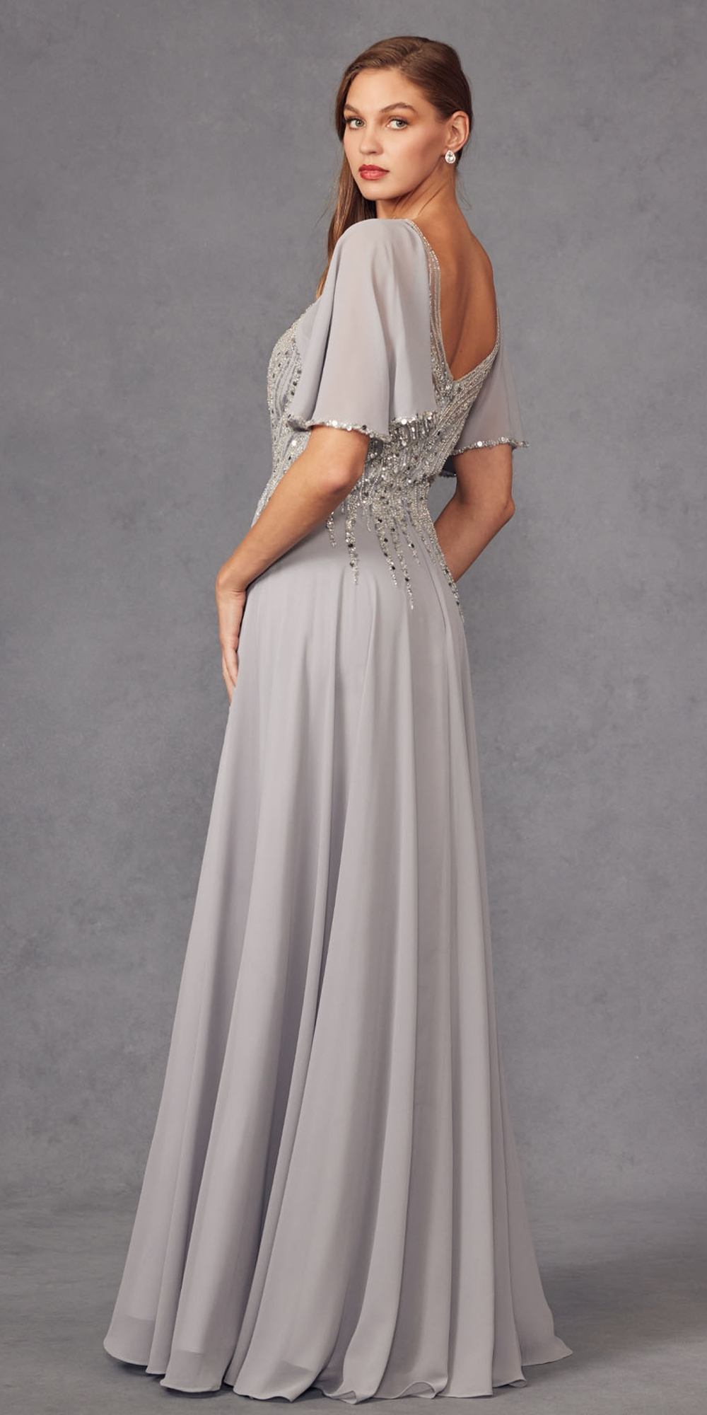 Juliet JTM14F Long A-Line Flutter Mid-Length Sleeve Evening Gown by DiscountDressShop