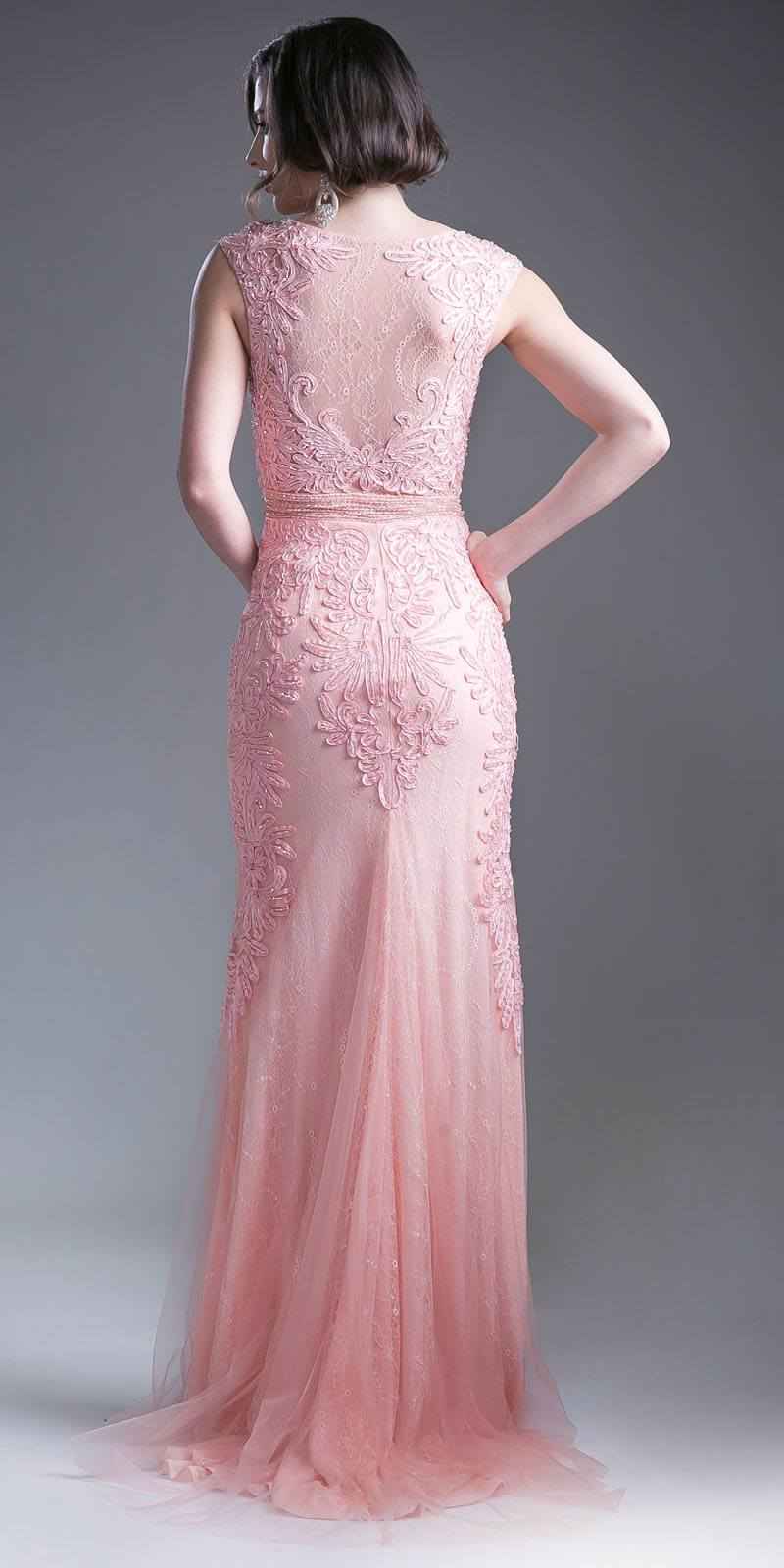 CLEARANCE - Cinderella Divine KC1736 Fitted Peach Long Lace Dress Cap Sleeved (Size 6)