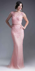 CLEARANCE - Cinderella Divine KC1736 Fitted Peach Long Lace Dress Cap Sleeved (Size 6)