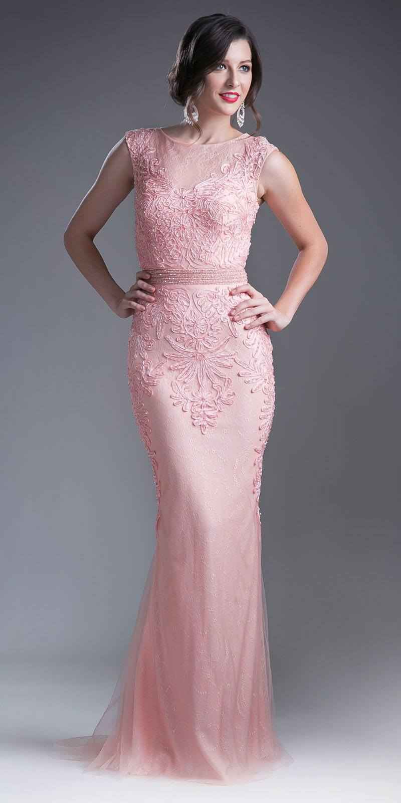 CLEARANCE - Cinderella Divine KC1736 Fitted Peach Long Lace Dress Cap Sleeved (Size 6)