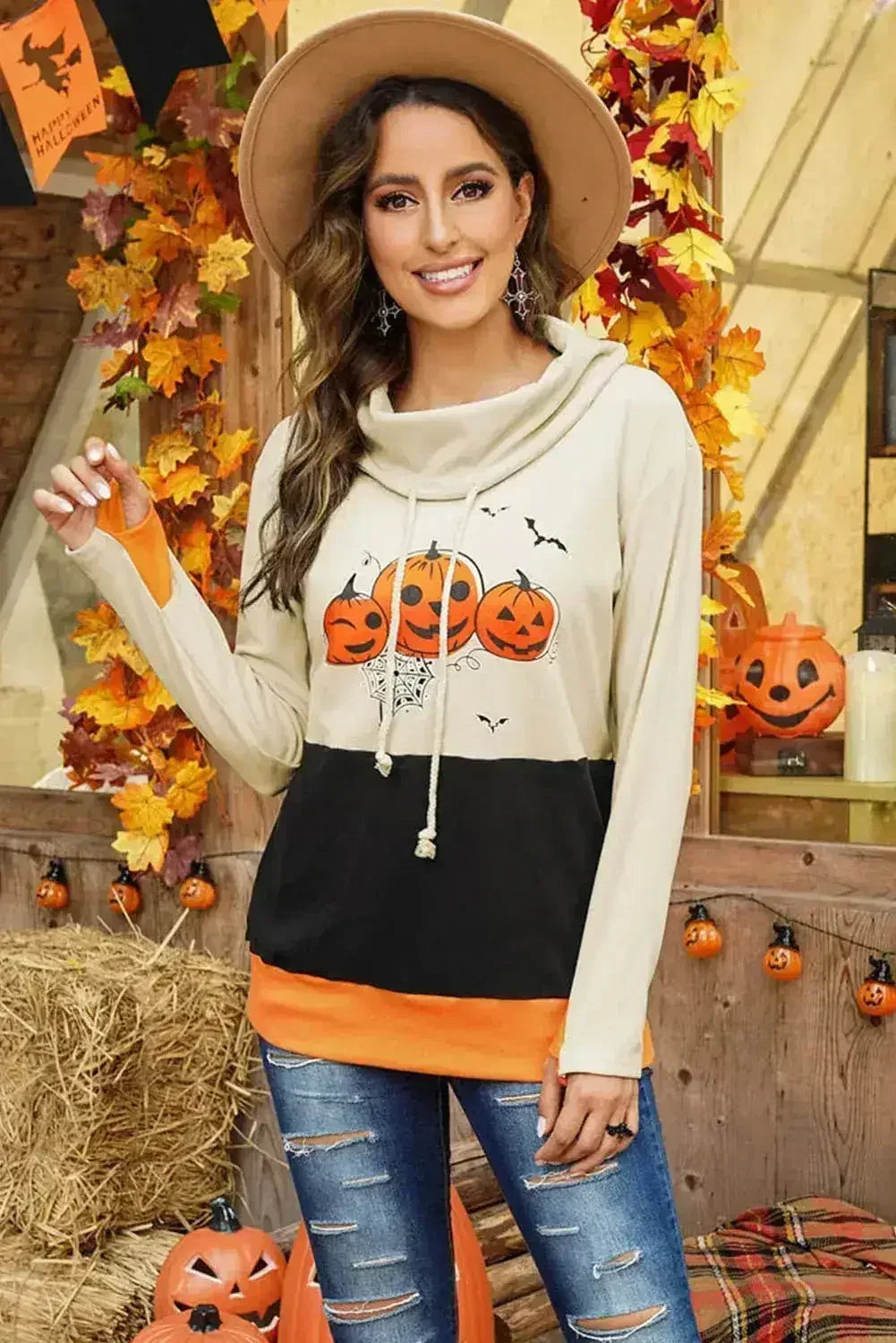 Cowl Neck Pumpkin Print Color Block Halloween Sweatshirt by Femstylo