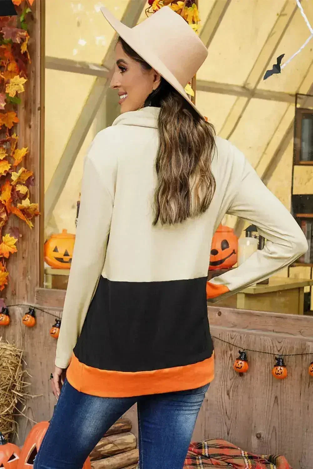 Cowl Neck Pumpkin Print Color Block Halloween Sweatshirt by Femstylo