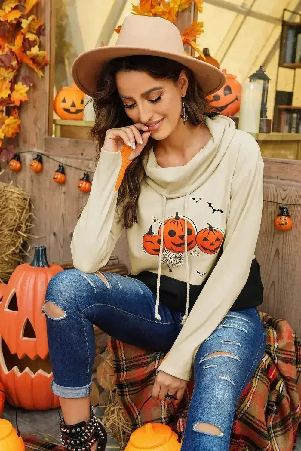 Cowl Neck Pumpkin Print Color Block Halloween Sweatshirt by Femstylo