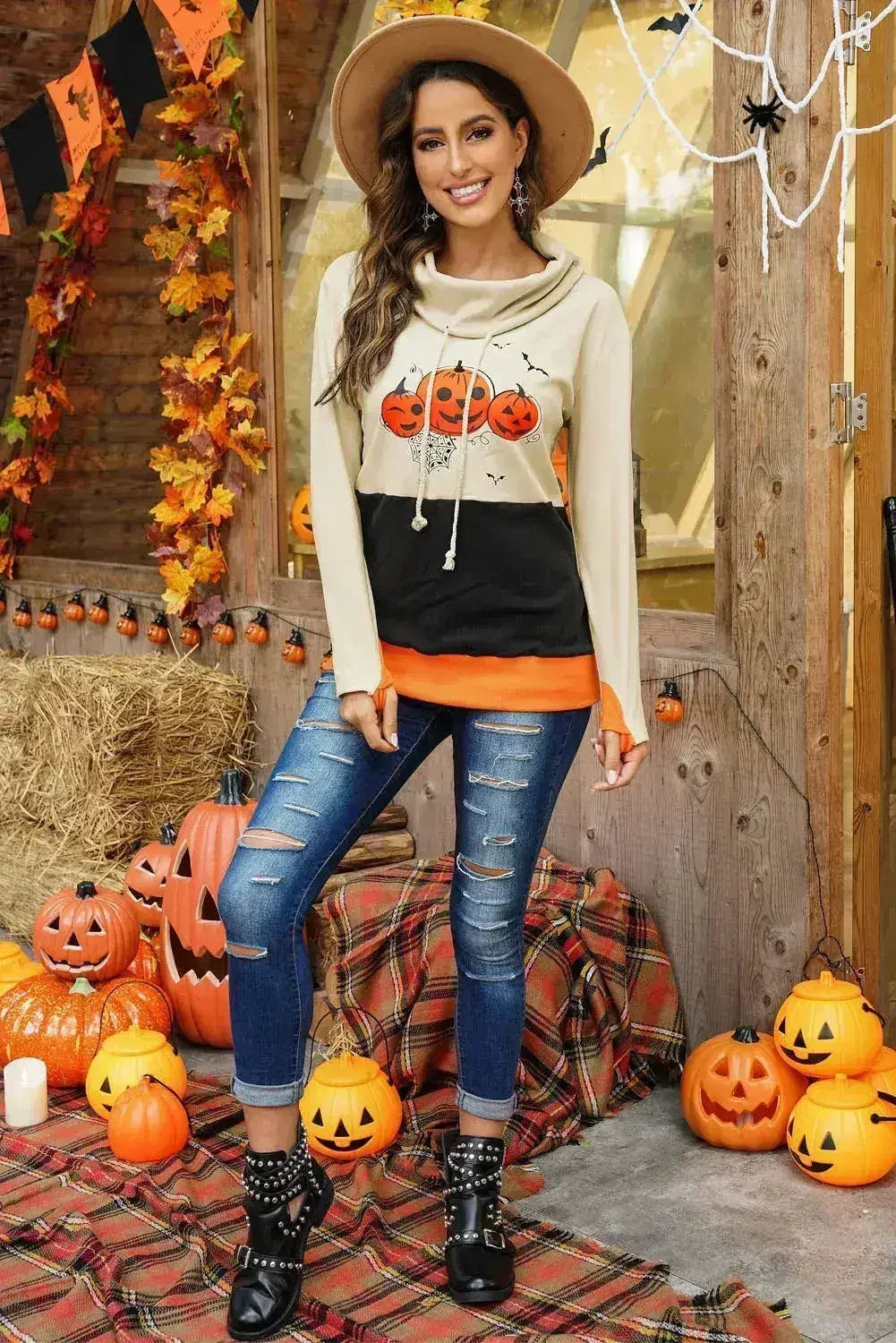 Cowl Neck Pumpkin Print Color Block Halloween Sweatshirt by Femstylo