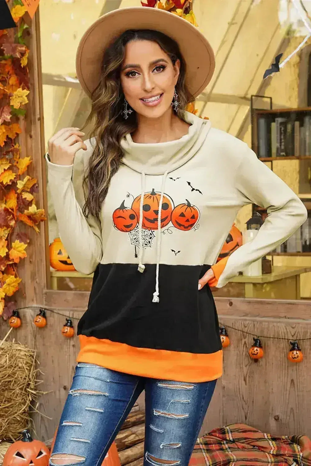 Cowl Neck Pumpkin Print Color Block Halloween Sweatshirt by Femstylo