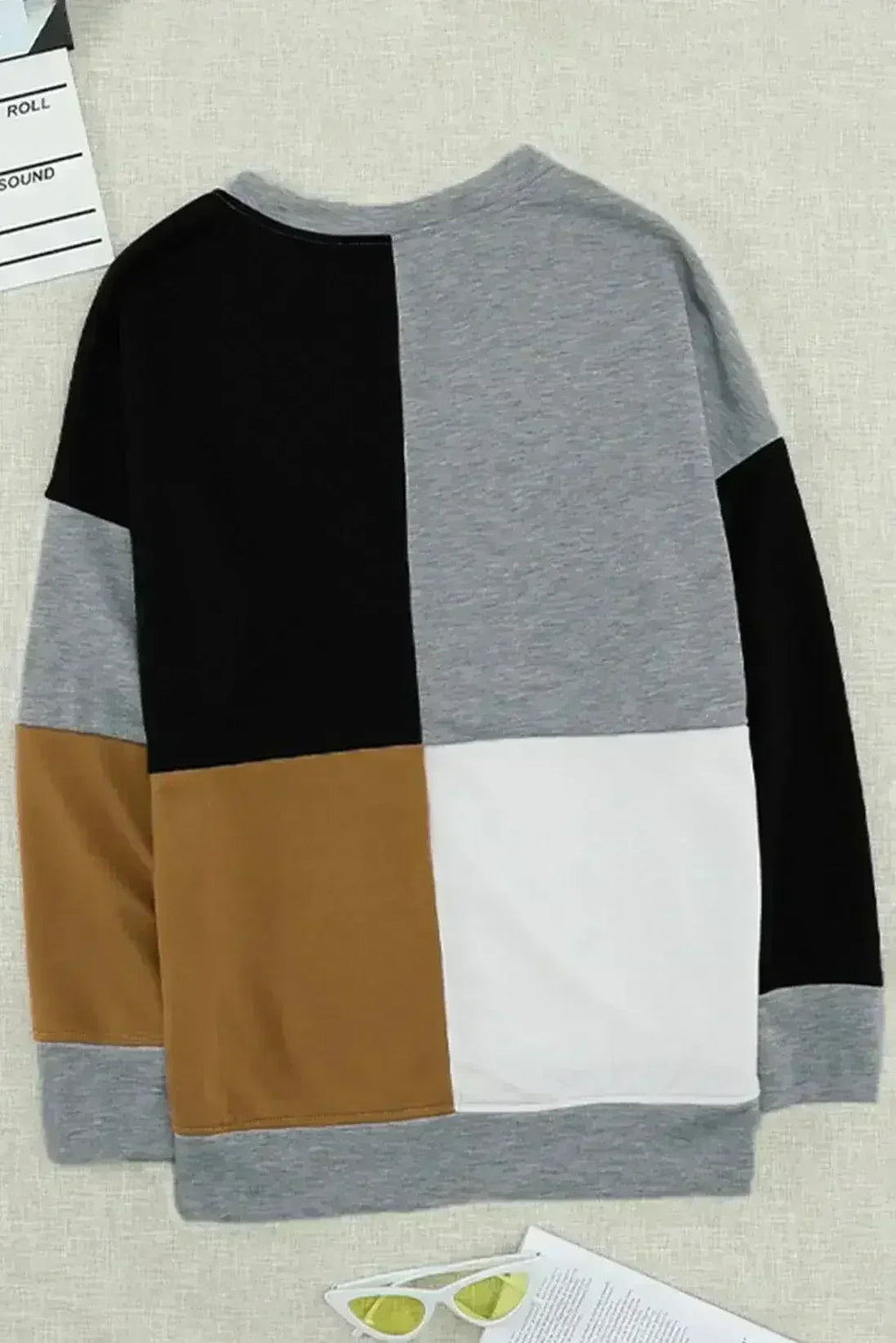 Women's Gray Color Block Round Neck Long Sleeves Pullover Sweatshirt by Femstylo