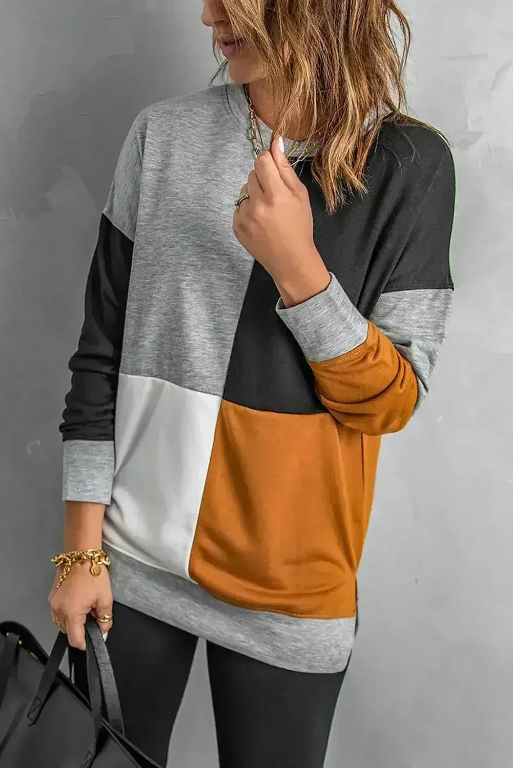Women's Gray Color Block Round Neck Long Sleeves Pullover Sweatshirt by Femstylo