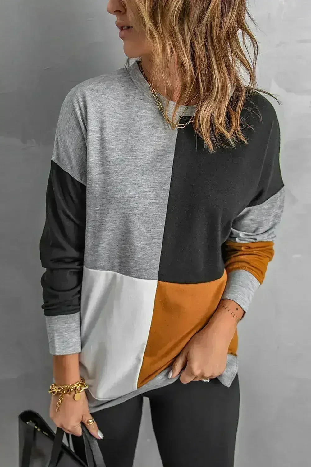 Women's Gray Color Block Round Neck Long Sleeves Pullover Sweatshirt by Femstylo