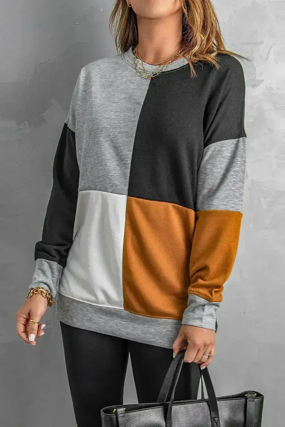 Women's Gray Color Block Round Neck Long Sleeves Pullover Sweatshirt by Femstylo