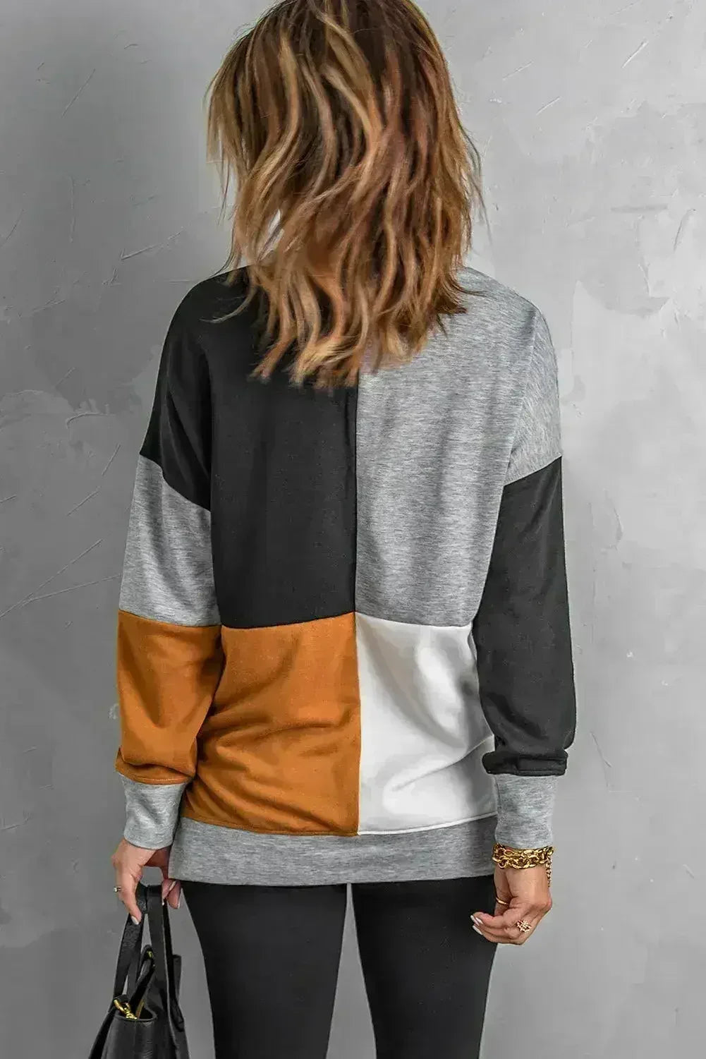 Women's Gray Color Block Round Neck Long Sleeves Pullover Sweatshirt by Femstylo