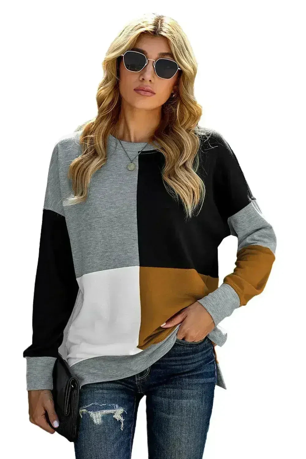 Women's Gray Color Block Round Neck Long Sleeves Pullover Sweatshirt by Femstylo