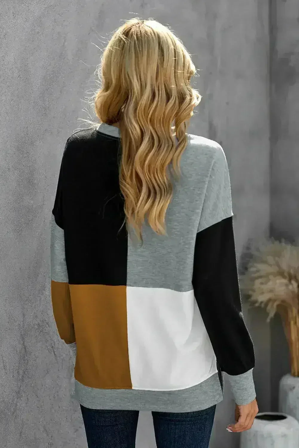 Women's Gray Color Block Round Neck Long Sleeves Pullover Sweatshirt by Femstylo